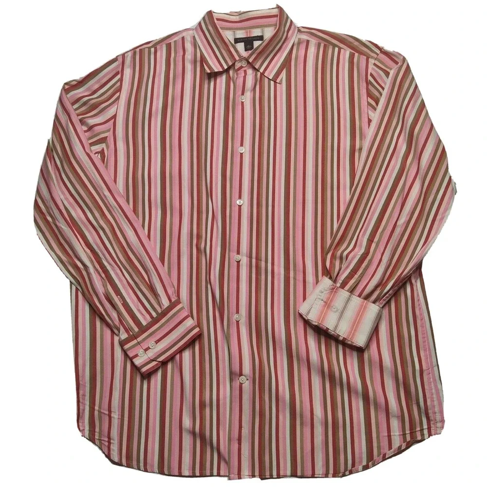 VTG Banana Republic Men Large Pink Striped Flip Cuff Cotton Button‎ Shirt